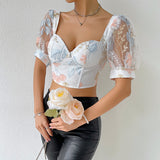 Wjczt Summer Embroidery Floral Blouse Chic Streetwear Fashion Y2K Blouses Sheer Mesh Square Collar Tulle Tops cute tops women