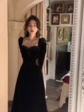 Wjczt Autumn Slim Black Velvet Dress Casual Korean Fashion Elegant Midi Dress Woman Party Long Sleeve Vintage Lace Dress Design