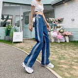 Wjczt 2022 New Spring Autumn Ins Street Hip-hop Wash Jeans Pants Loose Casual Denim Wide Leg Pants Tide Woman Side Stirp Jeans S-5XL