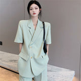 Wjczt Elegant Women's Pants Suit Female Office Tracksuit Blazer Summer Thin Casual Loose Short Sleeve Jacket Shorts Two Piece Set
