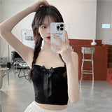 Wjczt Sexy Crop Top Women Crescent Moon Decorate Tank Top Bowknot Fixed Cup Padded Push Up Seamless Camisole Summer 2022 New