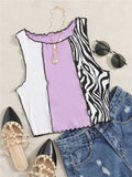 Wjczt Zebra Stripe Graphic Patchwork Rib Knit Ruched Crop Vest Women Y2K Clothes Summer Harajuku Sleeveless Tank Tops Streetwear