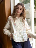 Wjczt Women Shirts French Romantic Broken Flowers Tops Autumn New Tuck Fold Sweet Casual  Long Sleeve Clothes