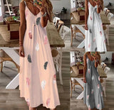 Wjczt Summer new women's fashion casual loose sleeveless V-neck feather print dress