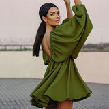 Wjczt Office Sexy Low Cut Pleated Dresses Backless Lantern Sleeve 2024 Summer Dress Woman V-Neck High Waist Casual A-Line Green Dress