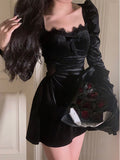 Wjczt Autumn Slim Black Velvet Dress Casual Korean Fashion Elegant Midi Dress Woman Party Long Sleeve Vintage Lace Dress Design