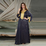 Wjczt Gorgeous Party Style Womans Abaya Middle East Dubai Fashion Muslim Dress Polyester Cotton Stripe Gilding Special Lace Diamond