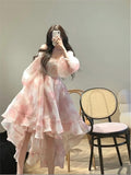 Wjczt Birthday Dress For Women Elegant Party Dress Y2k Pink Mesh Chic Woman Evening Vestidos Square Collar Puff Sleeve prom dress