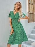 Wjczt Floral Print Shirred Waist Flared Hem Dress Summer Women Holiday Short Sleeve V-neck A-line Long Dress Robe Femme