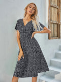 Wjczt Floral Print Shirred Waist Flared Hem Dress Summer Women Holiday Short Sleeve V-neck A-line Long Dress Robe Femme