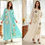 Wjczt Trandional Style Dubai Fashion Muslim Women's Dress Embroidered Abaya Lace Sequins Material Robe Femme Musulmane Plus Size Skrit
