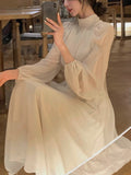 Wjczt Spring Turtleneck White Midi Dress Women  Long Sleeve French Elegant One Piece Dress Korean Fashion Y2k Clothing Design