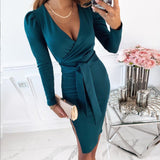 Wjczt Sexy Deep V Neck Bodycon Dress Autumn Women Long Sleeve Lace-up Party Dresses Ladies Split Dress Clubwear Vestidos De Noche