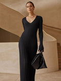 Wjczt Casual V-neck Women Knitted Maxi Dress Autumn Elegant Ribbed Long Sleeve Bodycon Dress Ladies Fashion Streetwear Dresses