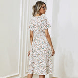 Wjczt Floral Print Shirred Waist Flared Hem Dress Summer Women Holiday Short Sleeve V-neck A-line Long Dress Robe Femme