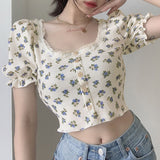 Wjczt Elegant French Style Summer Women Puff Sleeve Floral T shirts Casual Lace Patchwork Slim Cropped Tops Streetwear Harajuku Tee
