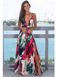 Wjczt Summer new women's fashion casual sleeveless halters V-neck leakback print beach slit dress