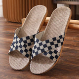 Wjczt New Checkerboard Linen Slippers Women 2022 Summer Indoor Home Shoes Household Non-slip Couple Four Seasons Men's Sandals Y