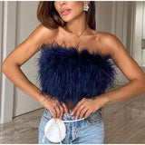 Wjczt 2022 New Fashion Women Sexy Furry Tops Camis Women Casual Tank Tops Female Chic Sleeveless With Real Ostrich Feather Tunic Vest