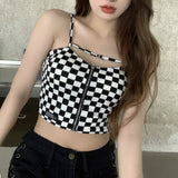 Wjczt Black White Plaid Crop Top Women Design Zipper Camisole Slim Sexy Tank Top French Chic Sports Bandeau Girl Summer 2022 New