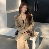 Wjczt Women Spring Autumn Solid Blazers Trousers Two Pieces Set 2022 Korean Office Lady Graceful Green Suit Coat+Wide Leg Pants Outfit