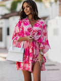 Wjczt Seawefit 2024 Print Chiffon Dress Ruffle Long Sleeves Mini Dresses Women Belt String Outfits Female Shirring Elegant Floral Robe