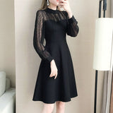 Wjczt Long Sleeve Dresses Women Black Lace Patchwork Casual Office Ladies Elegant Slim Party Spring Vestidoes Chic Mid-Calf Vintage