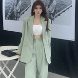 Wjczt Women Spring Autumn Solid Blazers Trousers Two Pieces Set 2022 Korean Office Lady Graceful Green Suit Coat+Wide Leg Pants Outfit