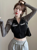 Wjczt Y2K Vintage T-shirt Women Spring Long Sleeve O Neck Crop Top Korean Fashion Vintage High Street Zip Up Skinny Tees Streetwear
