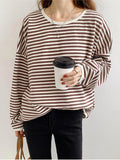 Wjczt Loose Long Sleeve Striped Hoodie Women Autumn O-Neck Casual Cotton Hoodies Sweatshirt Female Basic Korean Tops Harajuku