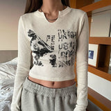 Wjczt 2000s Retro Harajuku Grunge T-shirt Graphic Print Long Sleeve Crop Top Chic Women Vintage Slim Fit Korean Fashion Tees Clothes