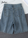 Wjczt 2024 New Summer Women High Waist Blue Wide Leg Denim Shorts Casual Female Solid Streetwear Stright Jeans Bermuda Shorts