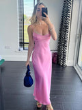 Wjczt  Pink Camis Satin Long Dresses Elegant Sleeveless Slip Holiday Party Dresses Sexy Casual Backless Summer Dresses Women