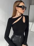 Wjczt Black Top Women Long Sleeve T Shirt Hollow Out T-Shirts Autumn Winter Clothes Solid Basic Blue Streetwear White Crop Top