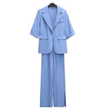 Wjczt 2022 Summer Loose 2 Pcs Pants Set Korean Women Casual Short Sleeve Coats+Trouser Suit Office Lady Graceful Joker Blue Clothes