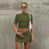 Wjczt Letter Print Solid Turtleneck Short Sleeves Crop Top Skirts 2 Pcs Set Sexy Slim Summer Fashion Outfit Streetwear Sports