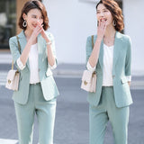 Wjczt Women's Summer Blazers Pants 2 Piece Set Korean Office Lady Graceful Three Quarter Suit Coat Pencil Trousers Outfits Pink Jacket