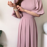 Wjczt Korean Solid Casual Chic Elegant Dress for Women High Waist O-Neck Straps Short Lantern Sleeves Pleated Midi Dresses Summer