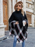 Wjczt Autumn Winter New Turtle Neck Plaid Fringed Shawl Cloak Fashion Casual Coat Cloak Pullover Women Sweater Long Sleeve Top