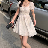 Wjczt Dresses Women Puff Sleeve Holiday Sundress Hollow Out Floral Design Korean Style College Lovely Simple Trendy Summer Vestidoes