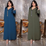 Wjczt Ramadan Eid Dubai Fashion Retro V-neck Hot Diamond Abaya Muslim Women's Dress Middle East Robe Femme Musulmane Plius Size Long