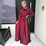 Wjczt Summer Elegant Solid Color Colorful Temperament Long Skirt Ladies Open Shouder Robe Satin Large Size Belt Muslim Woman Abaya