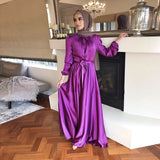 Wjczt Summer Elegant Solid Color Colorful Temperament Long Skirt Ladies Open Shouder Robe Satin Large Size Belt Muslim Woman Abaya