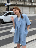 Wjczt Elegant Women's Pants Suit Female Office Tracksuit Blazer Summer Thin Casual Loose Short Sleeve Jacket Shorts Two Piece Set