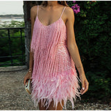 Wjczt 2023 New Sexy Tassel Sequins Feather Mini Dress Women Spaghetti Strap Stitching Dresses Female Elegant Evening Party Club Dress