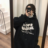 Wjczt Harajuku Black Fleece Baggy College Pullover Letter Printing Sweatshirt Casual Lazy Wind Raglan Sleeves Drawstring Hoodie Autumn