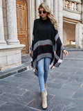 Wjczt Autumn Winter New Turtle Neck Plaid Fringed Shawl Cloak Fashion Casual Coat Cloak Pullover Women Sweater Long Sleeve Top