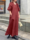 Wjczt Women Casual V Neck Solid A-Line Vestido 2022 Fashion Long Puff Sleeve Sundress Holiday Dress Retro Kaftan Dress Oversize