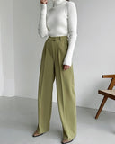 Wjczt Pleated High Waisted Green Pants Woman Classy Business Work Trousers Soild Long Trousers Ladies Office Autumn