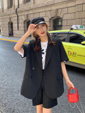 Wjczt Elegant Women's Pants Suit Female Office Tracksuit Blazer Summer Thin Casual Loose Short Sleeve Jacket Shorts Two Piece Set